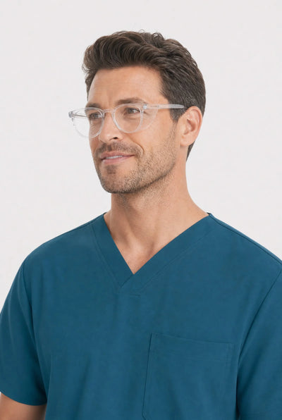 Opticalibr Halo protective glasses in Crystal, worn