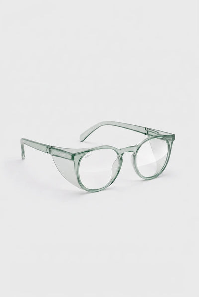 Opticalibr Halo protective glasses in Sage, three-quarter view