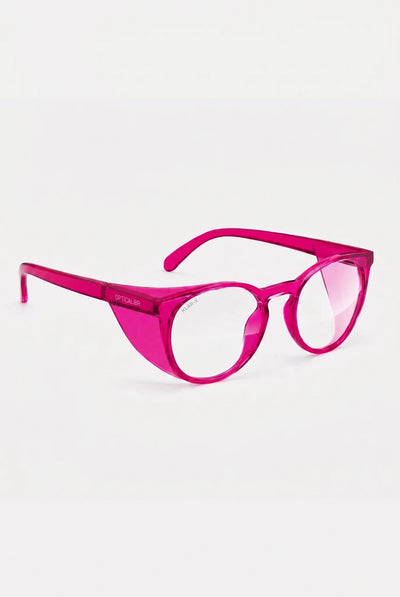 Opticalibr Halo protective glasses in Berry, three-quarter view
