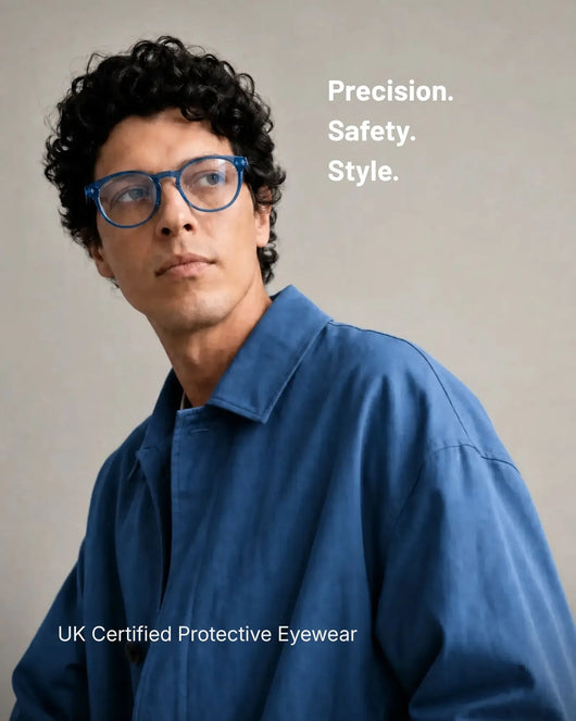 Opticalibr Halo protective glasses in Azure, worn