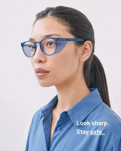Opticalibr Halo protective glasses in Azure, worn