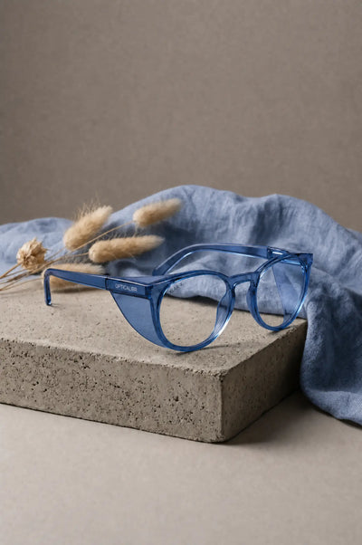 Opticalibr Halo protective glasses in Azure, worn