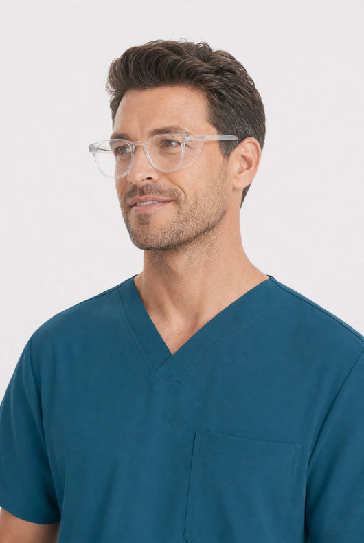 Opticalibr Halo protective glasses in Crystal, worn