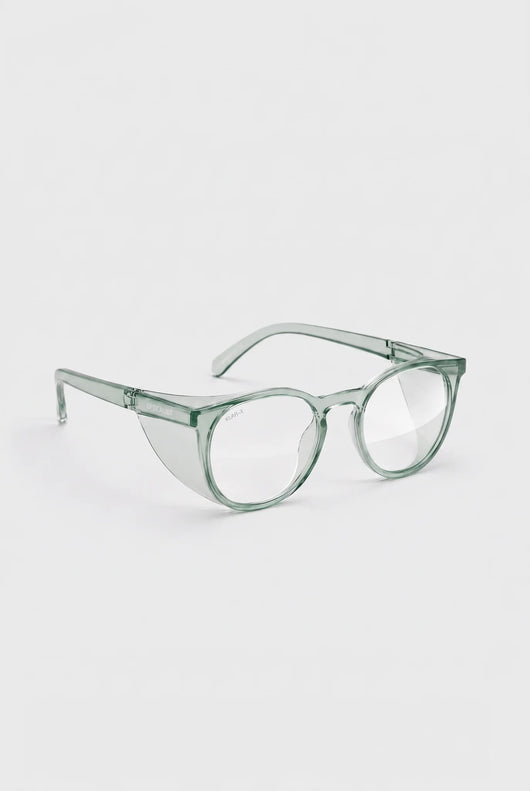 Opticalibr Halo protective glasses in Sage, three-quarter view