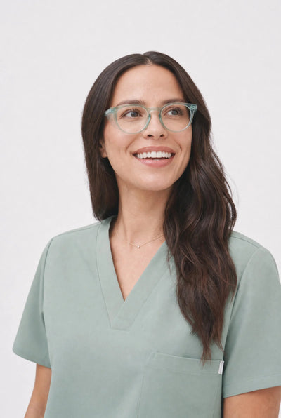 Opticalibr Halo protective glasses in Sage, worn
