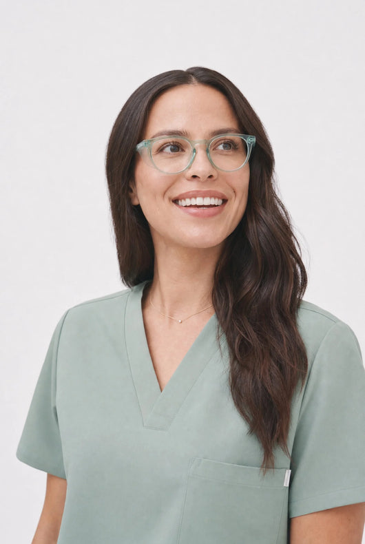 Opticalibr Halo protective glasses in Sage, worn