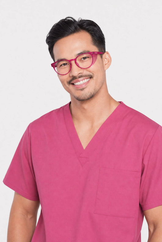 Opticalibr Halo protective glasses in Berry, worn